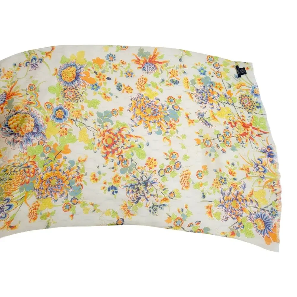 Polo Ralph Lauren Scarf Wrap Floral Botanical Ramie Lightweight Sheer Fringe